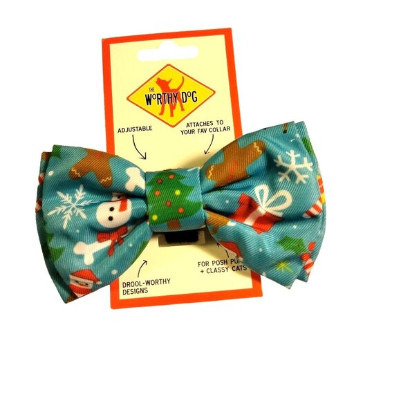 Worthy Dog Christmas Collar Bow Tie Blue Red Snowman Pet Dog Cat - Picture 1 of 3